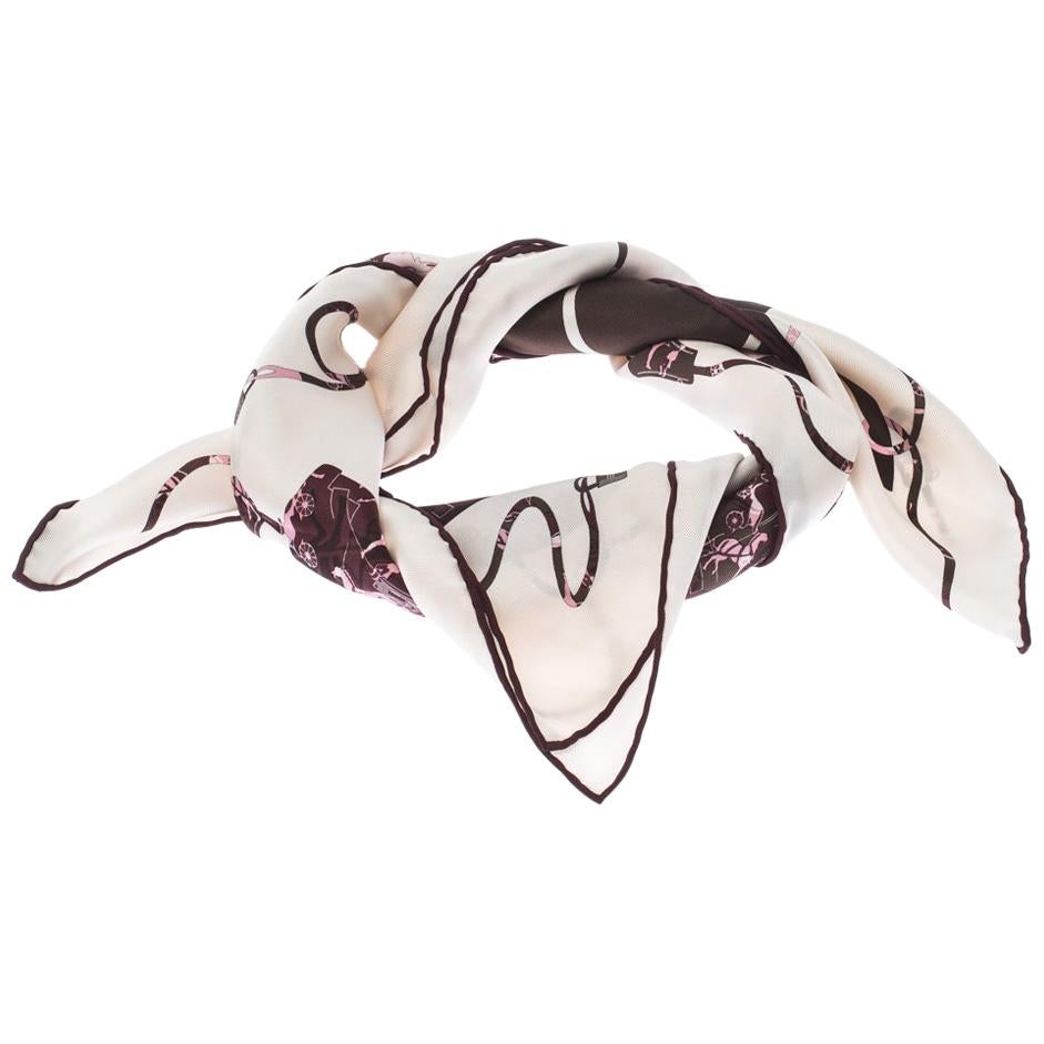 Hermes Cream, Pink & Brown Printed Silk Kelly en Caleche Scarf