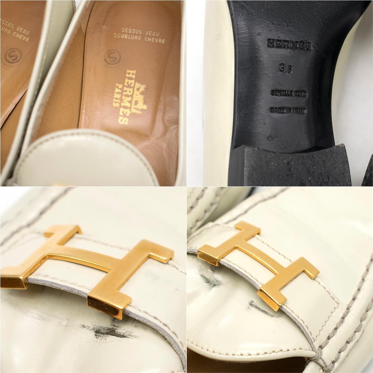 Hermes Cream Polished Leather Loafers 38 5