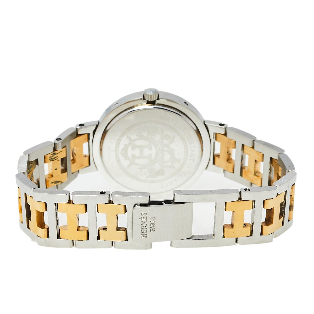 Hermes Cream Two-Tone Stainless Steel Clipper Women's Wristwatch 30 mm In Fair Condition In Dubai, Al Qouz 2