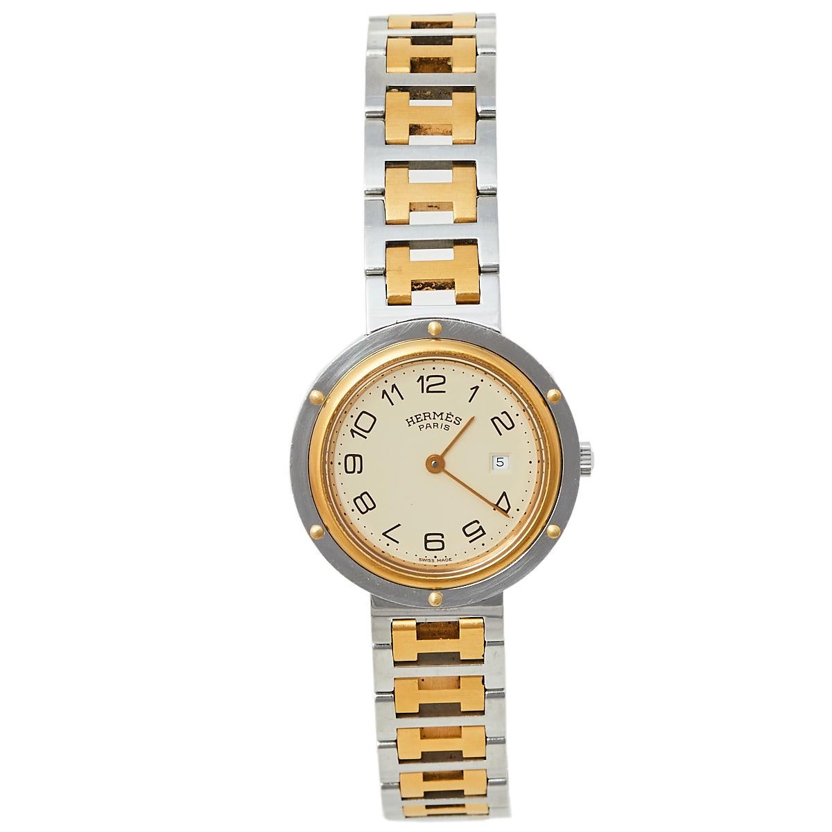 Hermes Cream Two-Tone Stainless Steel Clipper Women's Wristwatch 30 mm