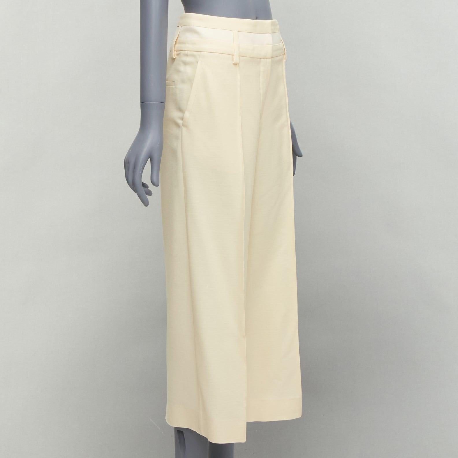 Beige HERMES cream wool silk panelled waistband wide leg cropped pants FR34 XS
