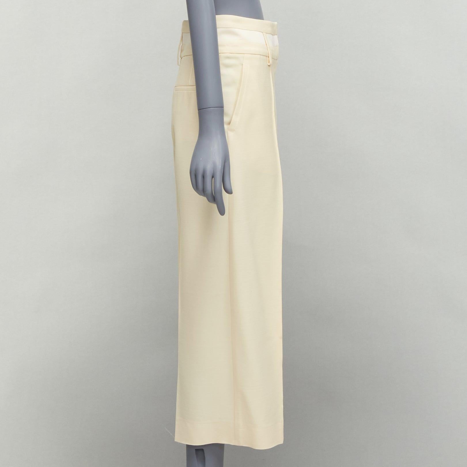 HERMES cream wool silk panelled waistband wide leg cropped pants FR34 XS In Good Condition In Hong Kong, NT