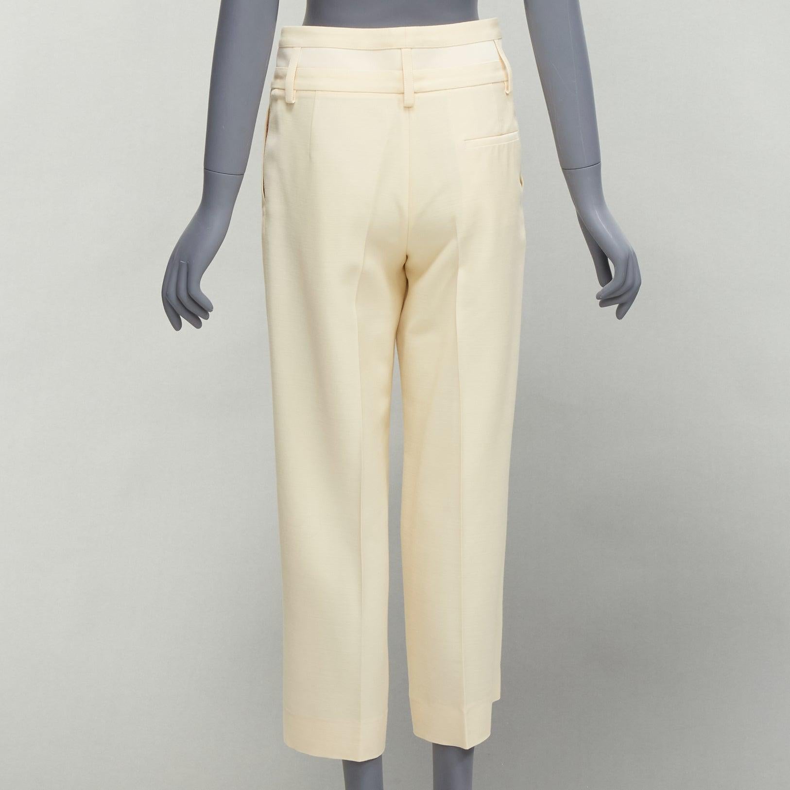 Women's HERMES cream wool silk panelled waistband wide leg cropped pants FR34 XS