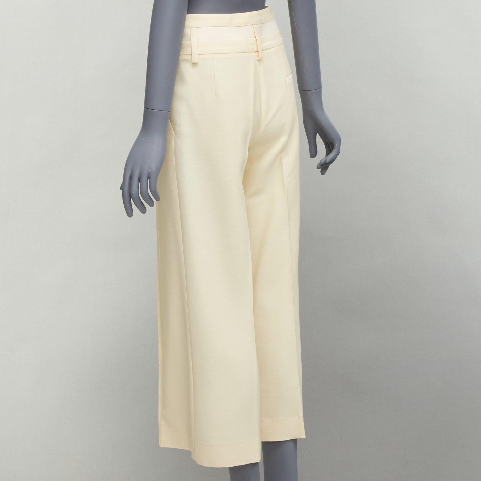 HERMES cream wool silk panelled waistband wide leg cropped pants FR34 XS 1