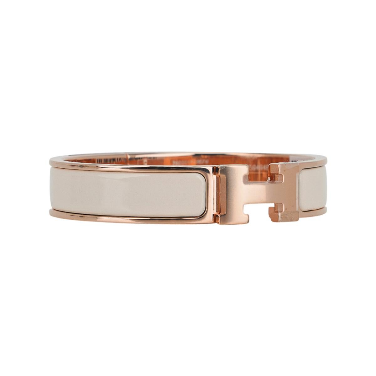 Hermes Creme Clic H Narrow Enamel Bracelet Rose Gold PM In New Condition For Sale In Miami, FL