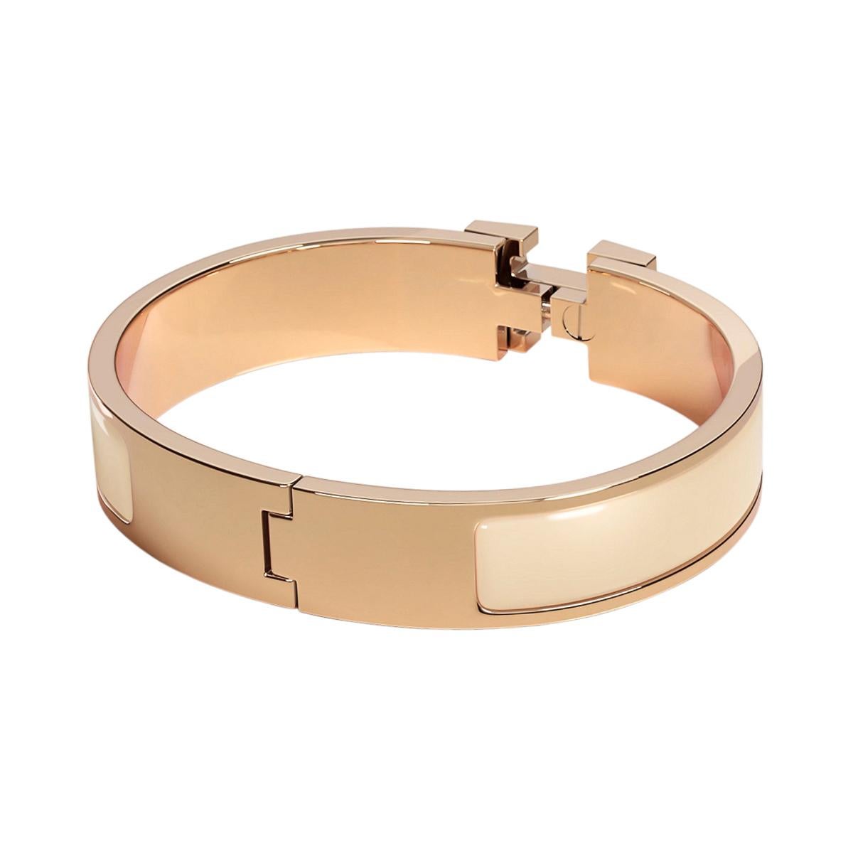 Hermes Creme Clic H Schmales Emaille-Armband Rose Gold PM im Angebot 2
