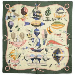 Hermes Creme Les Folies du Ciel Silk Scarf w/ Green Border