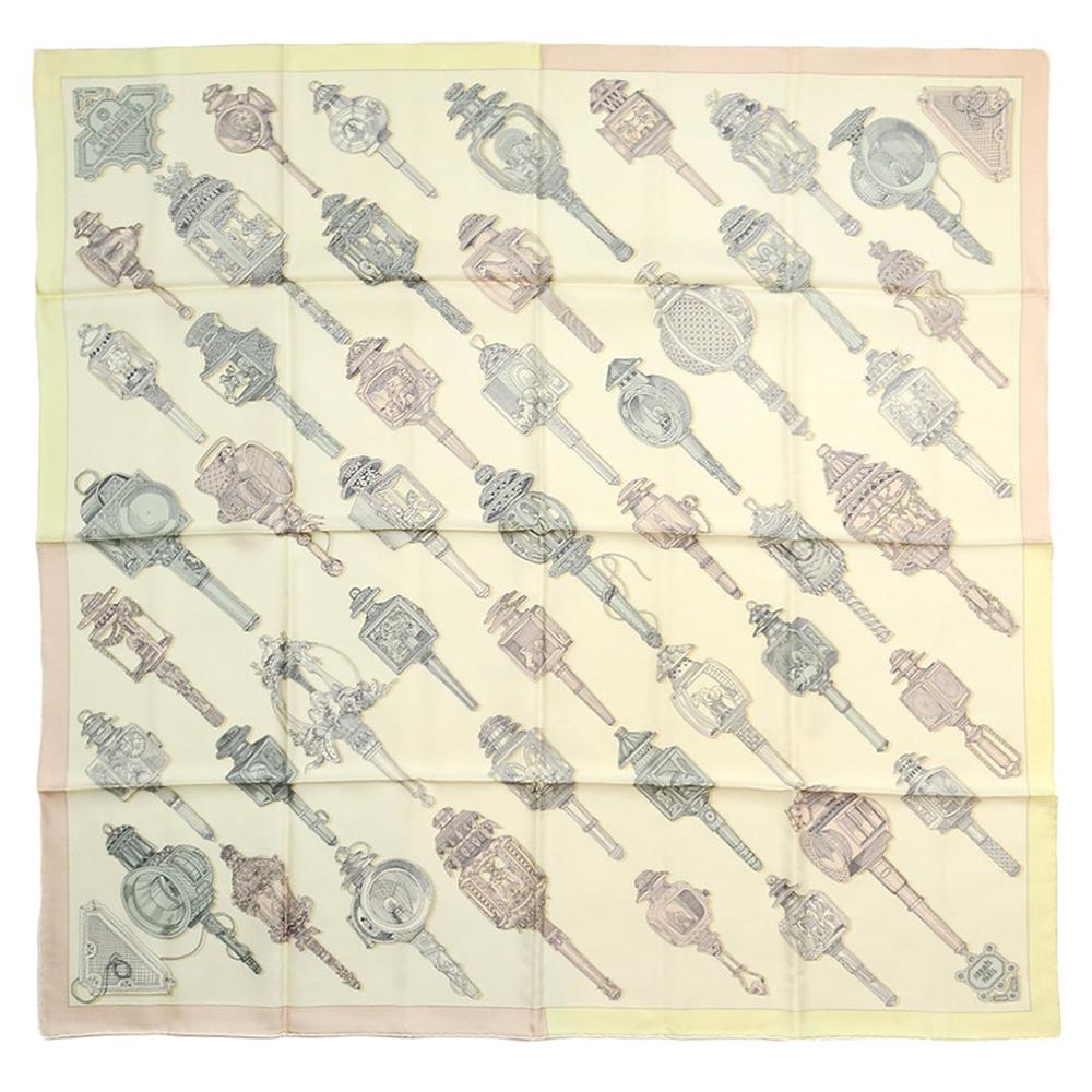 Hermes Creme/Vert/Gris/Rose Poudre Merveilleuses Lanternes 90cm Silk Scarf For Sale