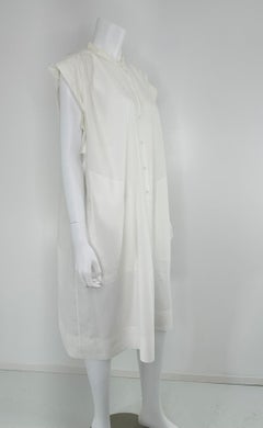 Hermes Crisp Sheer White Cotton Short Sleeve Pleated Placket Front Dress 42