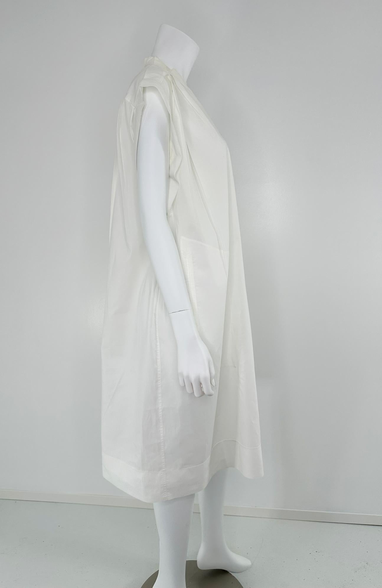 Hermes Crisp Sheer Weiß Baumwolle Kurze Ärmel Plissee-Schlappe Front Kleid 42 (Grau) im Angebot