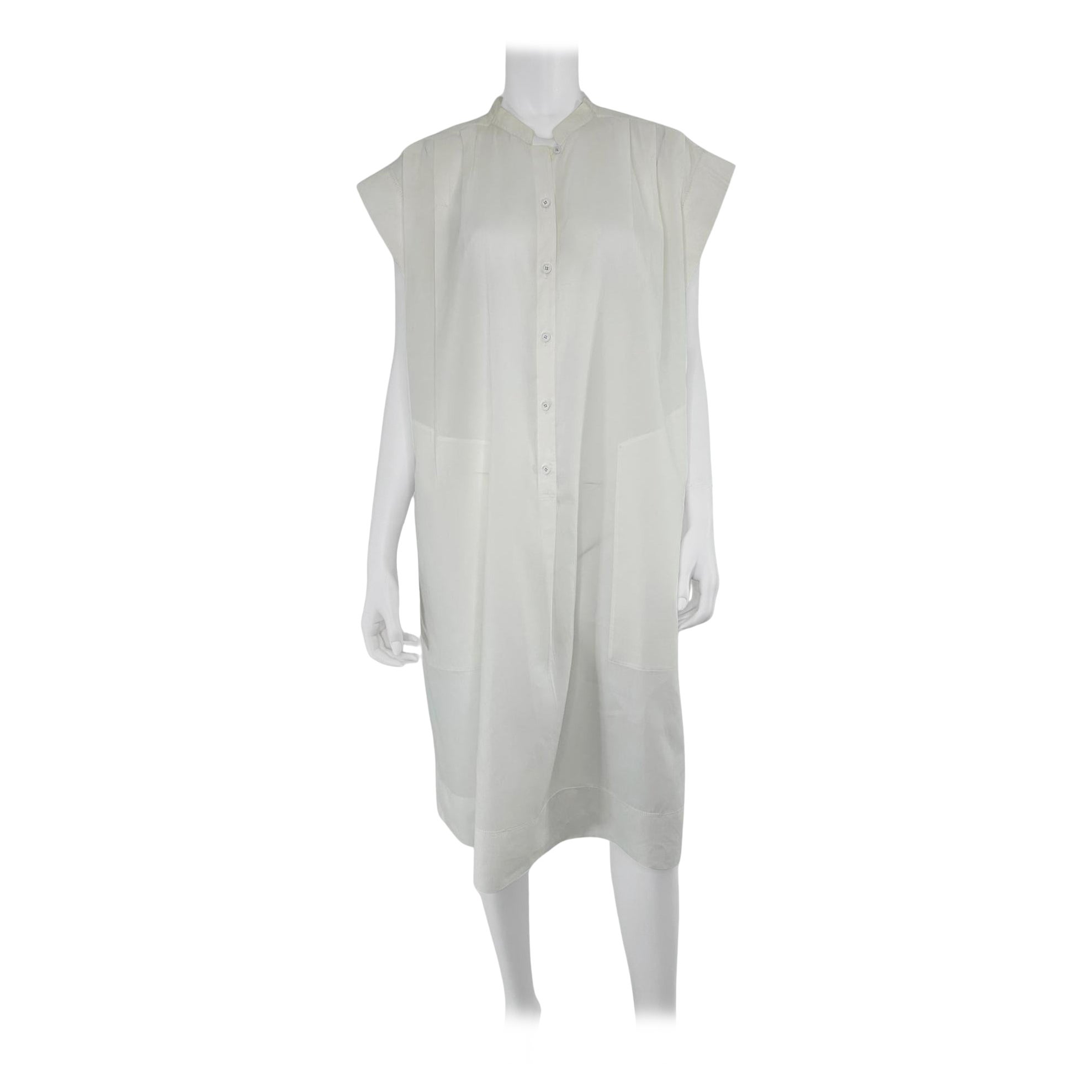 Hermes Crisp Sheer Weiß Baumwolle Kurze Ärmel Plissee-Schlappe Front Kleid 42 im Angebot