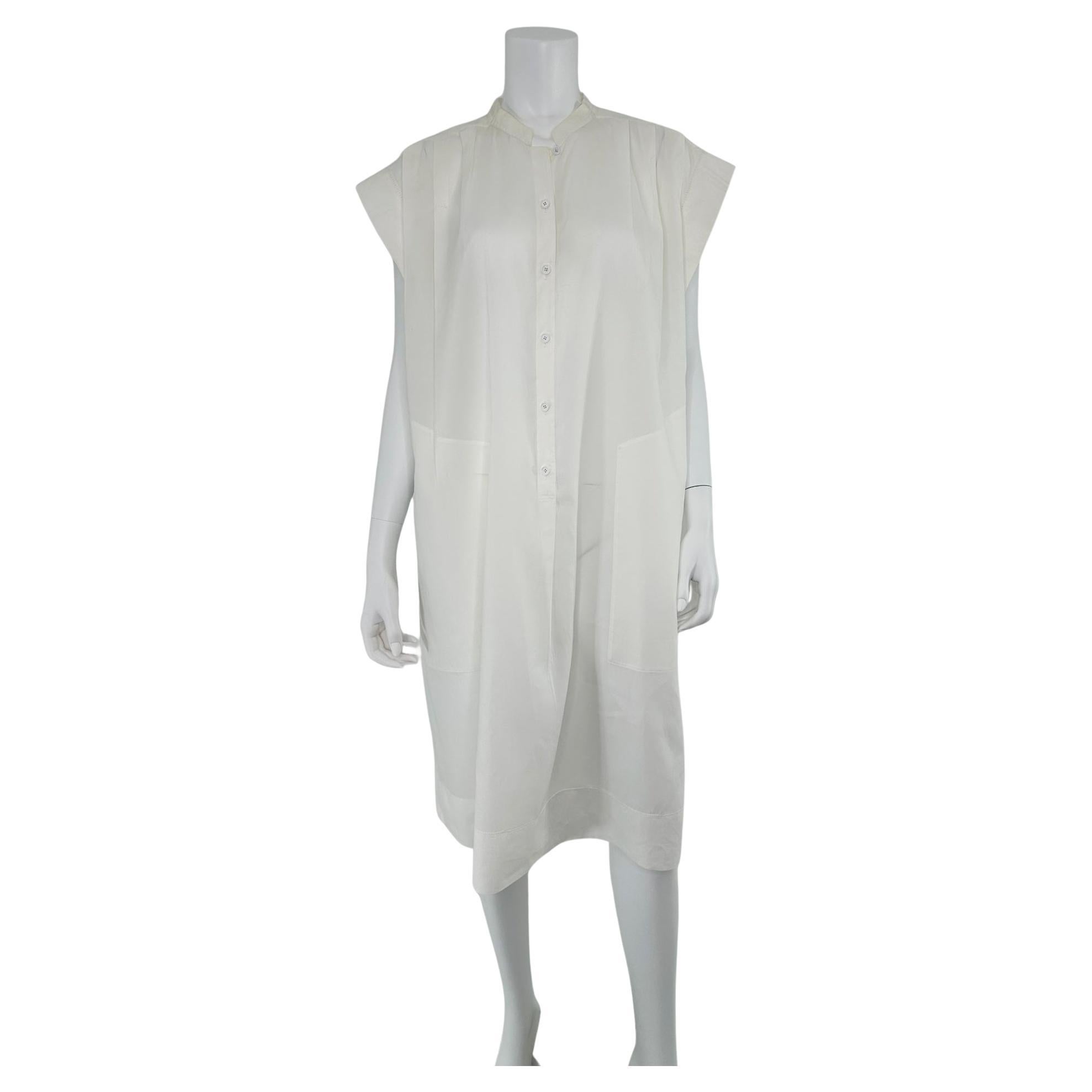 Hermes Crisp Sheer Weiß Baumwolle Kurze Ärmel Plissee-Schlappe Front Kleid 42 im Angebot