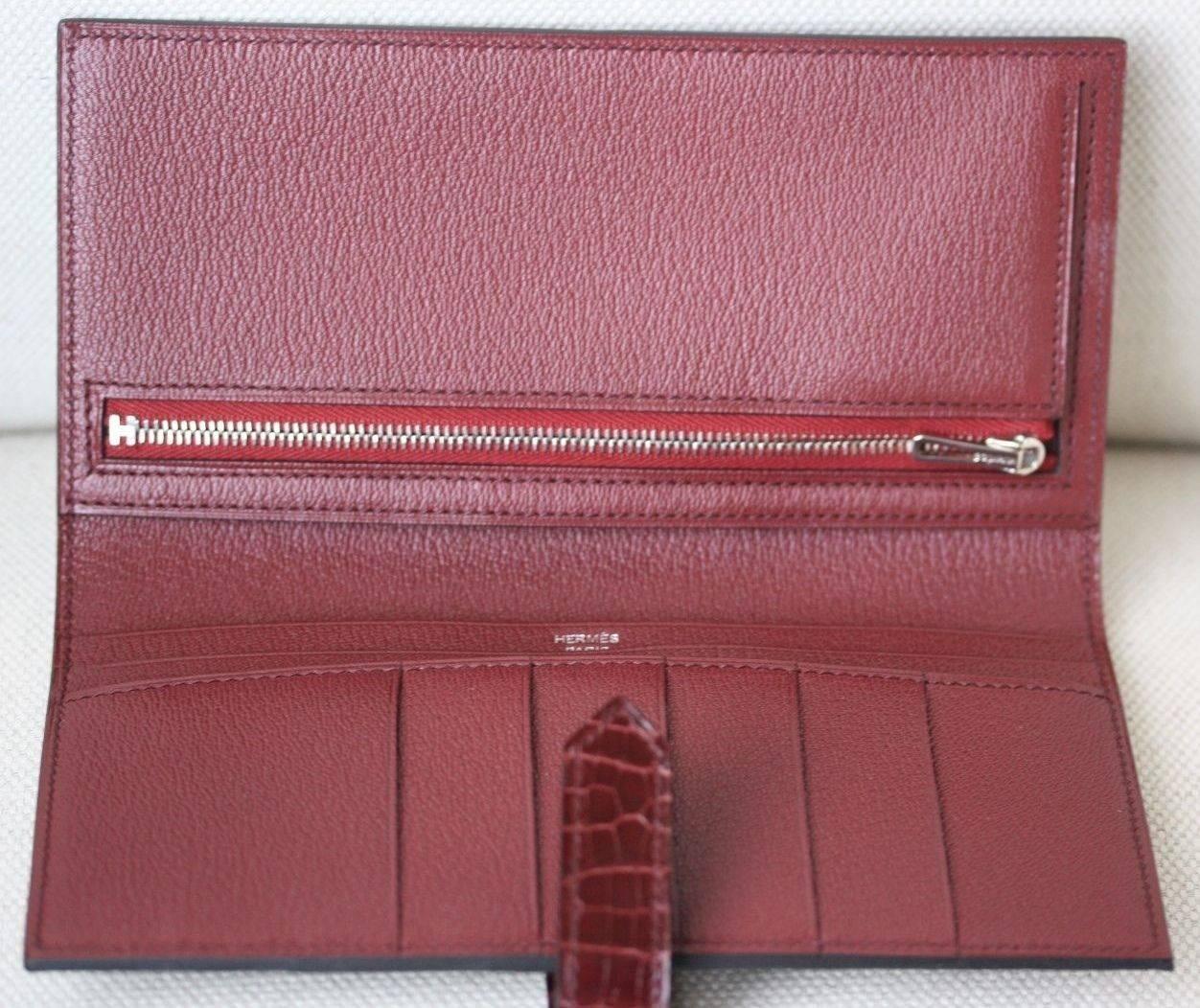 Women's or Men's Hermès Crocodile Bearn Burgundy Palladium H/W Wallet Purse