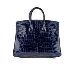 Hermes Crocodile Birkin Bag 25 Blue Saphire Gold Hardware Porosus