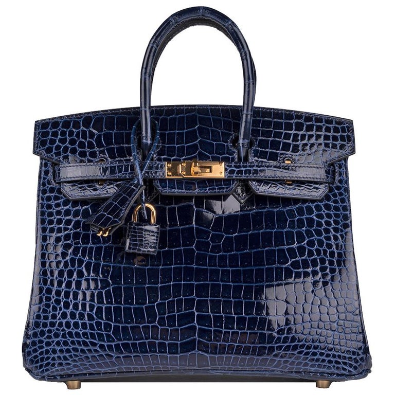 Hermes Crocodile Birkin Bag 25 Blue Saphire Gold Hardware Porosus at ...