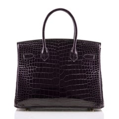 Hermes Crocodile Birkin Bag 30 Aubergine Aubergine Gold Hardware Porosus