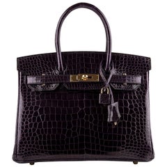 Hermes Crocodile Birkin Bag 30 Aubergine Aubergine Gold Hardware Porosus