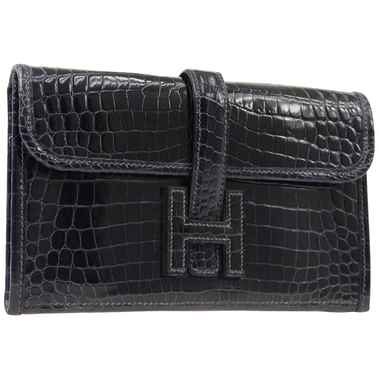 Hermes Crocodile Exotic Leather &#39;H&#39; Logo Evening Wallet Clutch Flap Bag in Box For Sale at 1stDibs