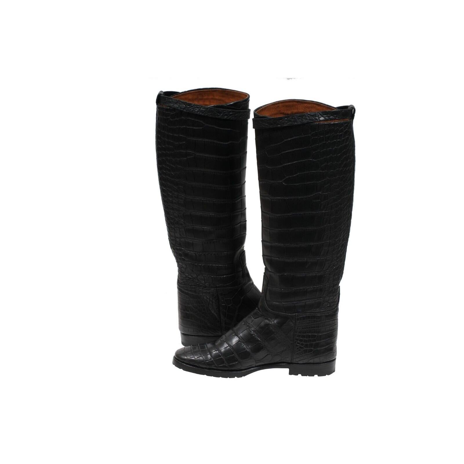 Hermes Crocodile Riding Boot US8.5 EU38.5 Schwarzes Leder Lug Sohle Alligator Haut im Angebot 6