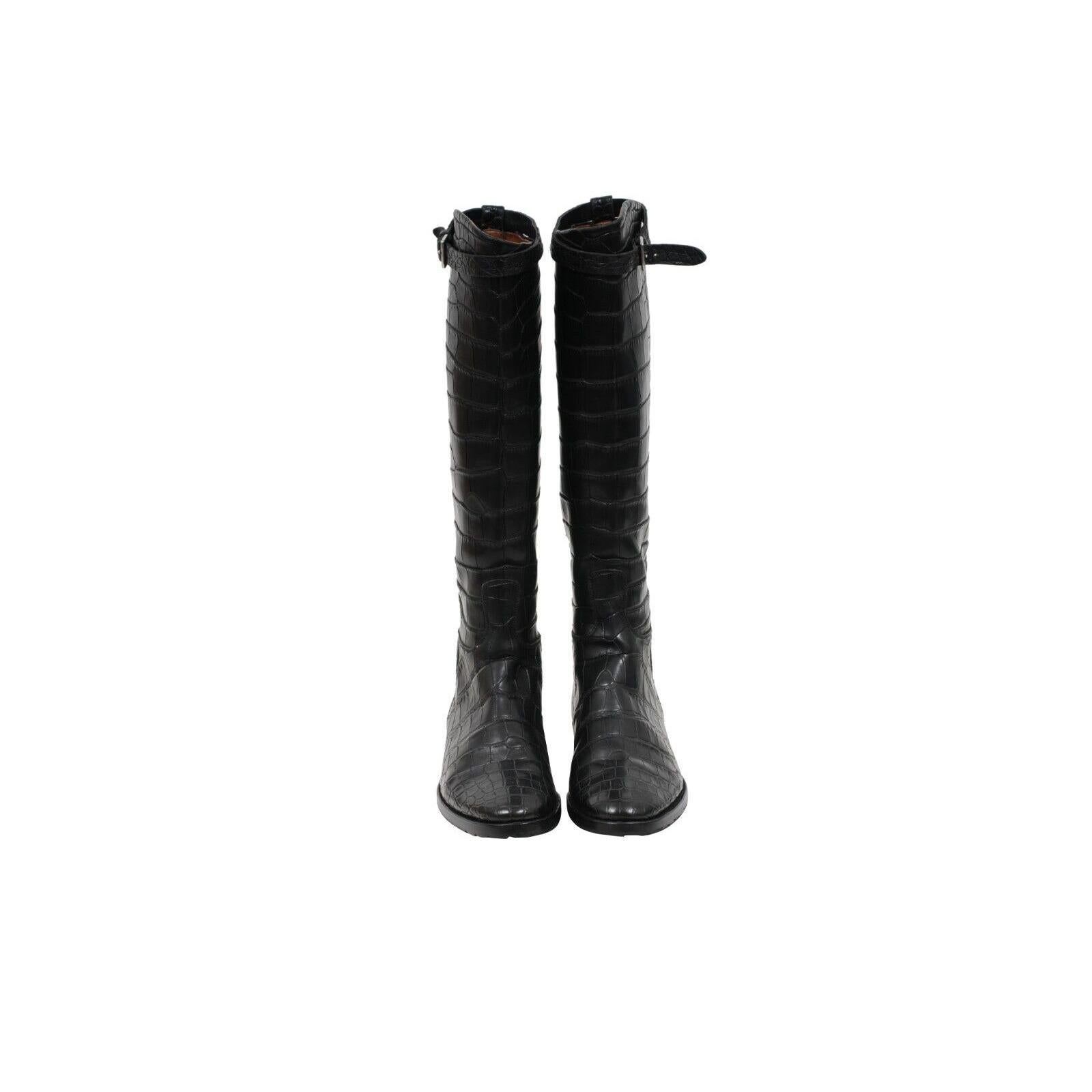 Hermes Crocodile Riding Boot US8.5 EU38.5 Schwarzes Leder Lug Sohle Alligator Haut im Zustand „Gut“ im Angebot in North Miami, FL