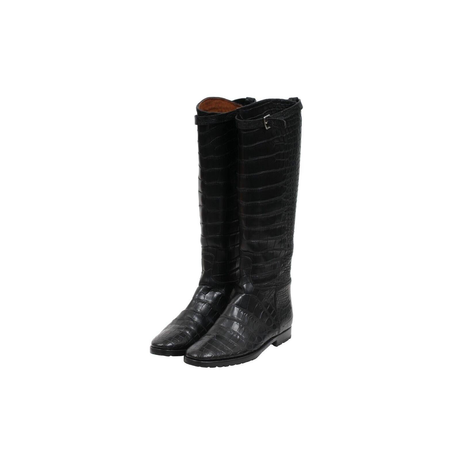 Hermes Crocodile Riding Boot US8.5 EU38.5 Schwarzes Leder Lug Sohle Alligator Haut Damen im Angebot