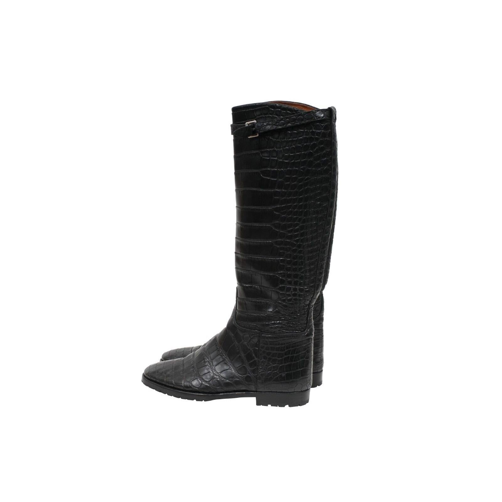 Hermes Crocodile Riding Boot US8.5 EU38.5 Schwarzes Leder Lug Sohle Alligator Haut im Angebot 2