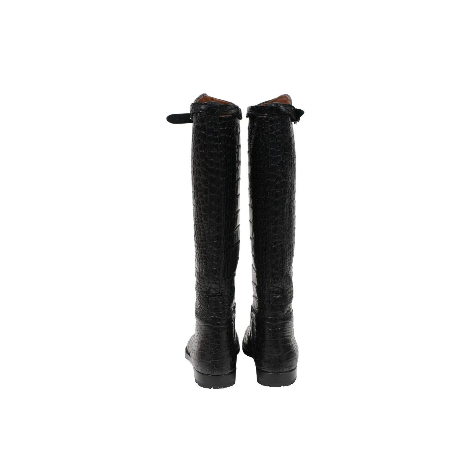 Hermes Crocodile Riding Boot US8.5 EU38.5 Schwarzes Leder Lug Sohle Alligator Haut im Angebot 3