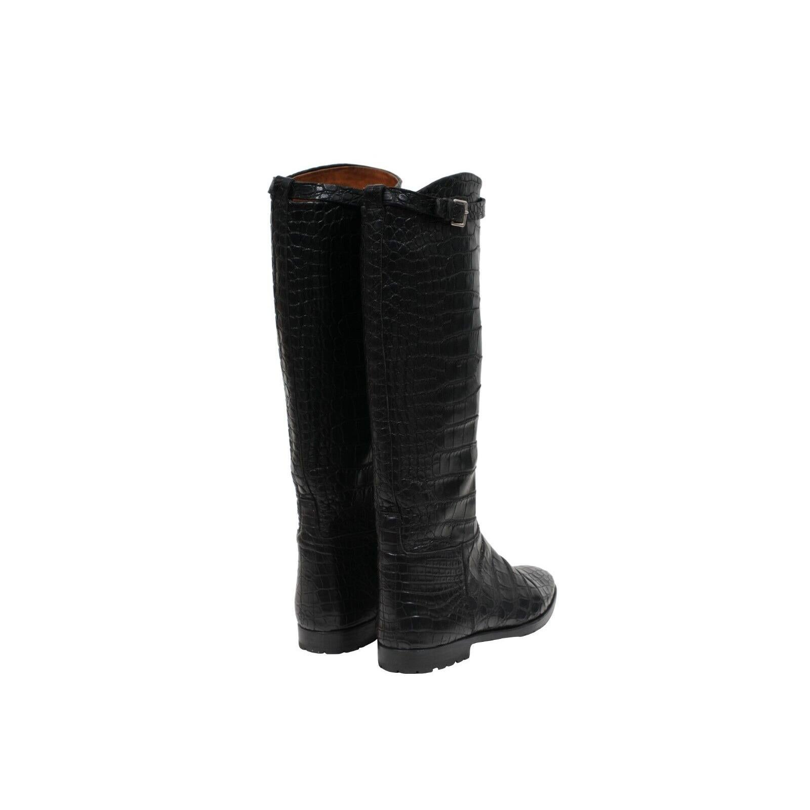 Hermes Crocodile Riding Boot US8.5 EU38.5 Schwarzes Leder Lug Sohle Alligator Haut im Angebot 4