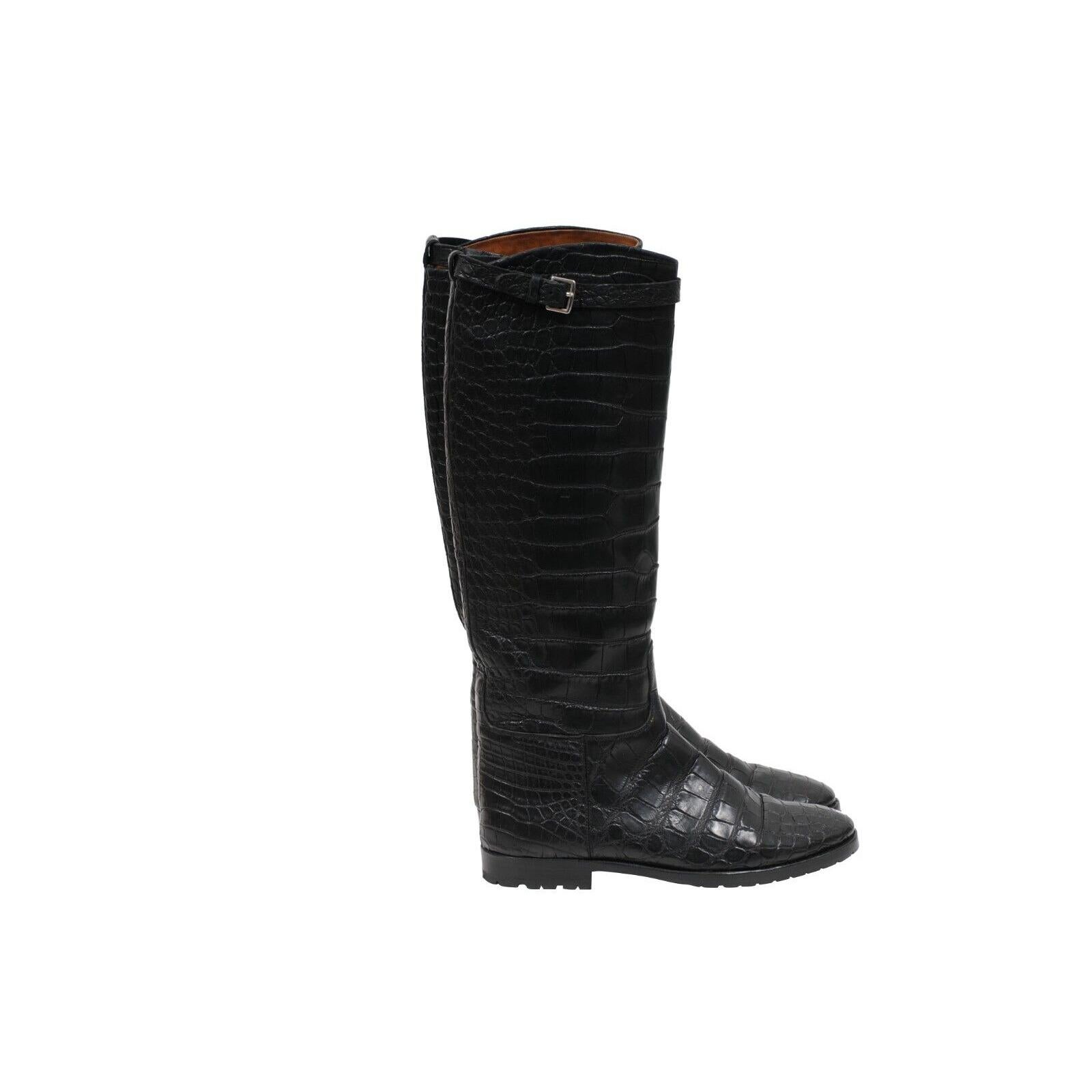 Hermes Crocodile Riding Boot US8.5 EU38.5 Schwarzes Leder Lug Sohle Alligator Haut im Angebot 5