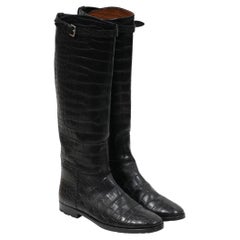 Hermes Crocodile Riding Boot US8.5 EU38.5 Pelle Nera Suola di Alligatore Alligatore