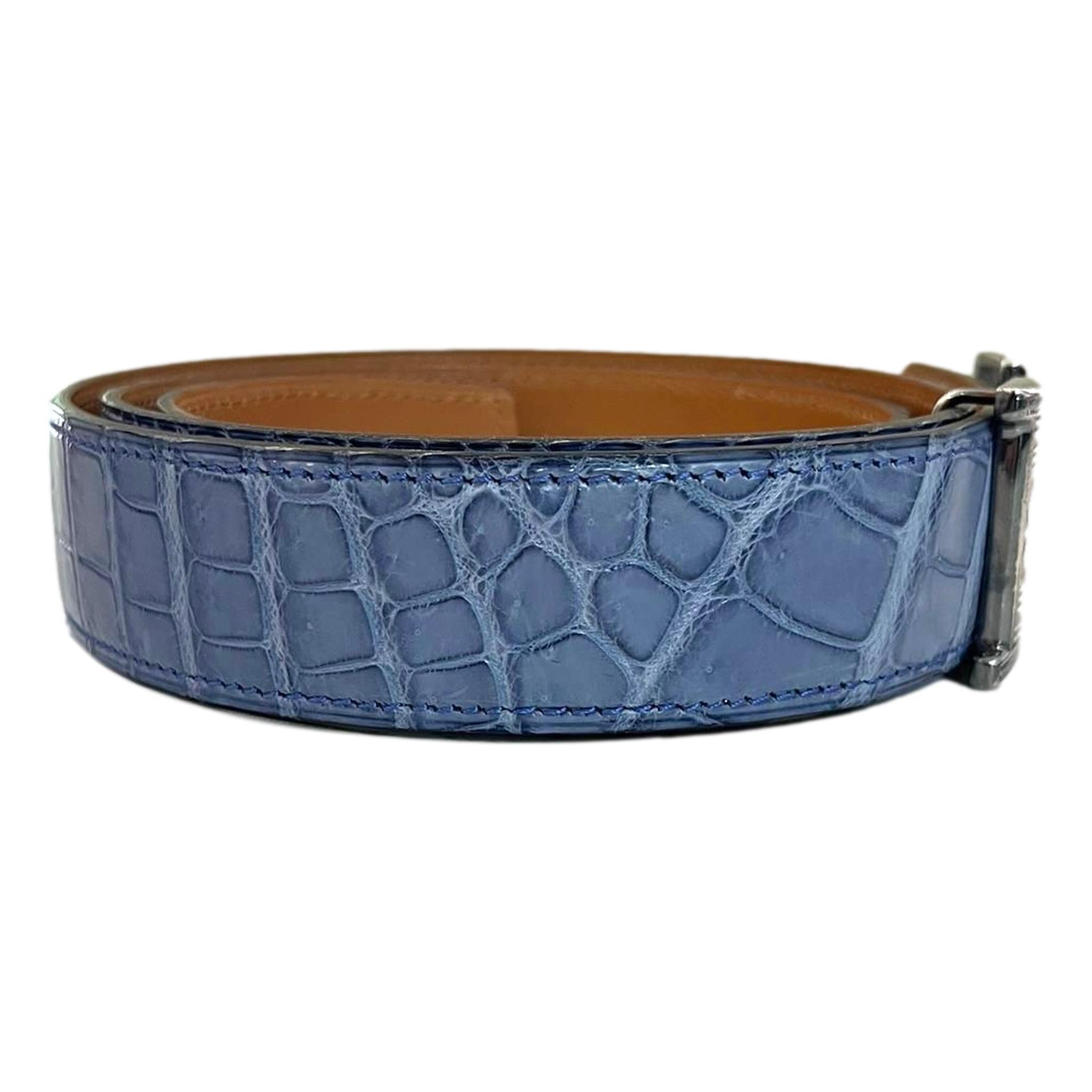 Hermes Crocodile Skin Belt With Solid Silver 'H' Touareg Large Buckle In Excellent Condition For Sale In London, GB