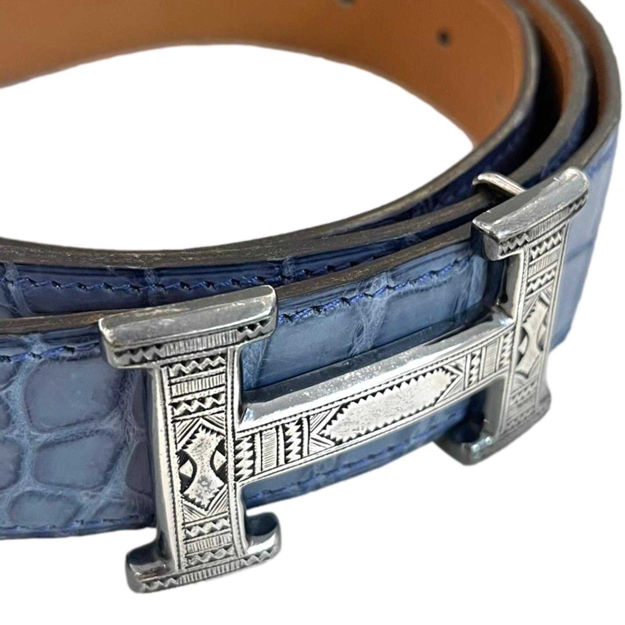 Women's Hermes Crocodile Skin Belt With Solid Silver 'H' Touareg Large Buckle For Sale