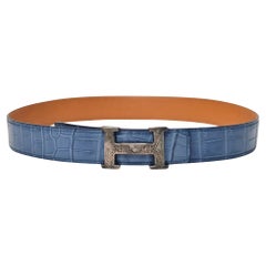 Hermes Crocodile Skin Belt With Solid Silver 'H' Touareg Large Buckle