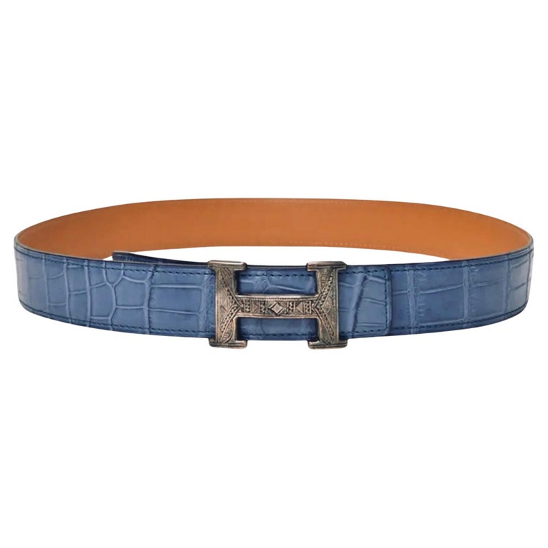 Hermes Crocodile Skin Belt With Solid Silver 'H' Touareg Large