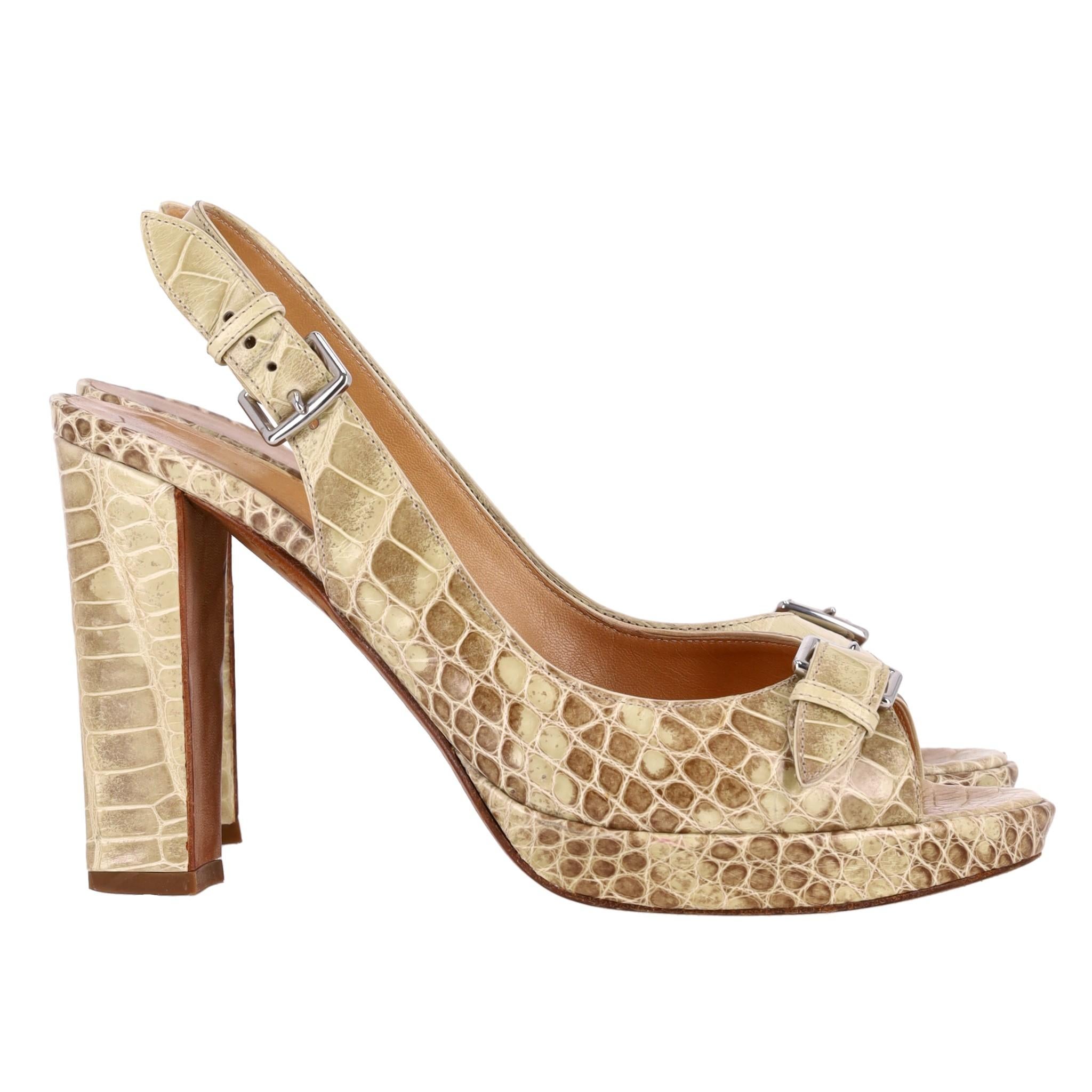 Beige Hermes Crocodile Skin Peep-Toe Pumps For Sale