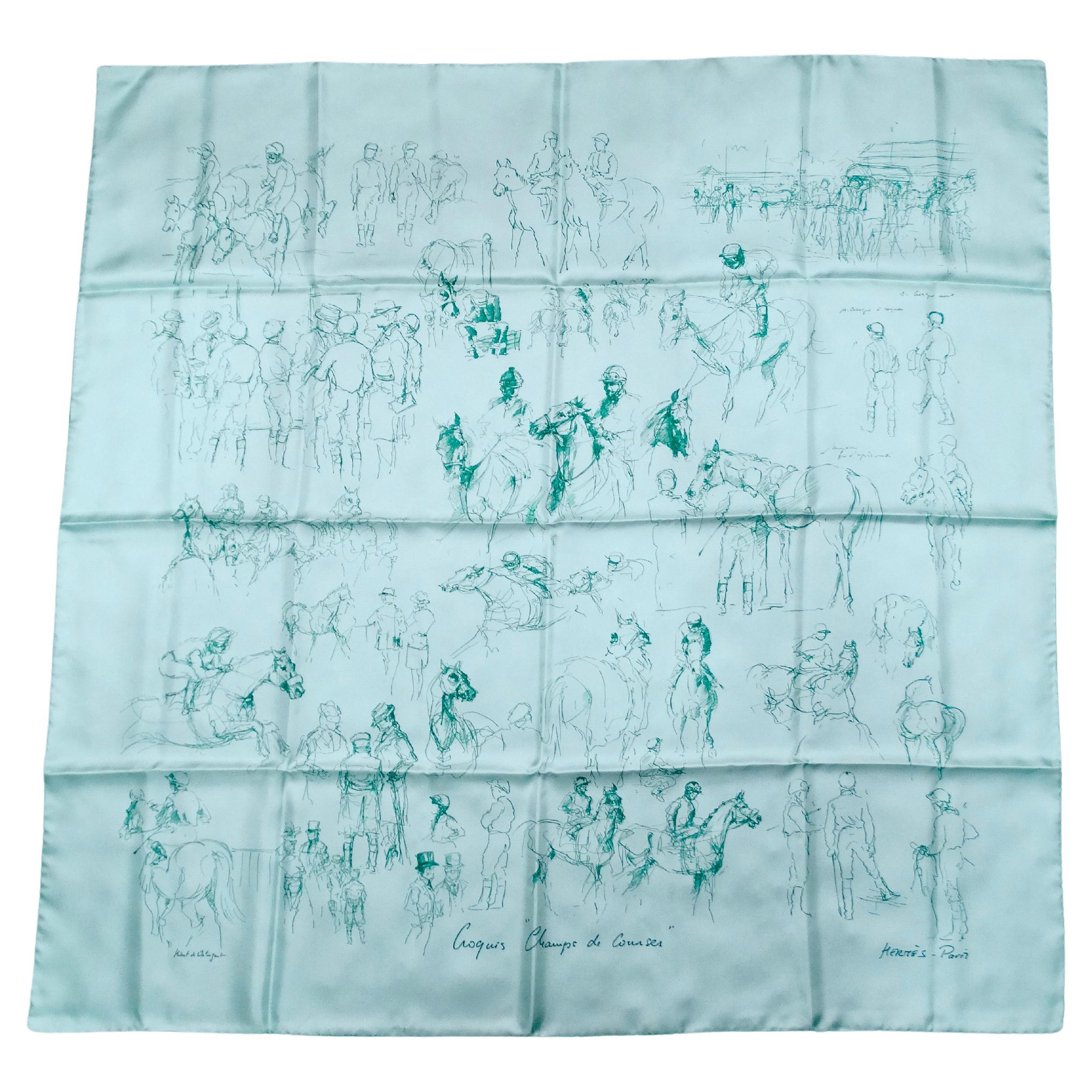 Hermes "Croquis Champs de Courses" 90 cm Mint Equestrian Print Silk Scarf For Sale