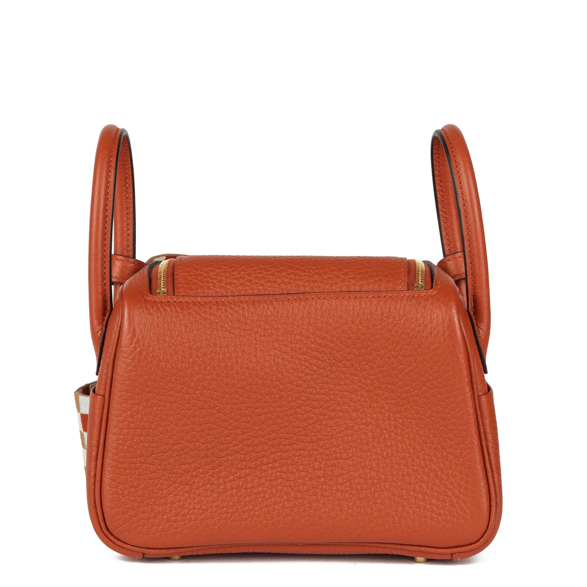 Hermès Cuivre Clemence Leather Maxi Quadrille Mini Lindy In Excellent Condition In Bishop's Stortford, Hertfordshire