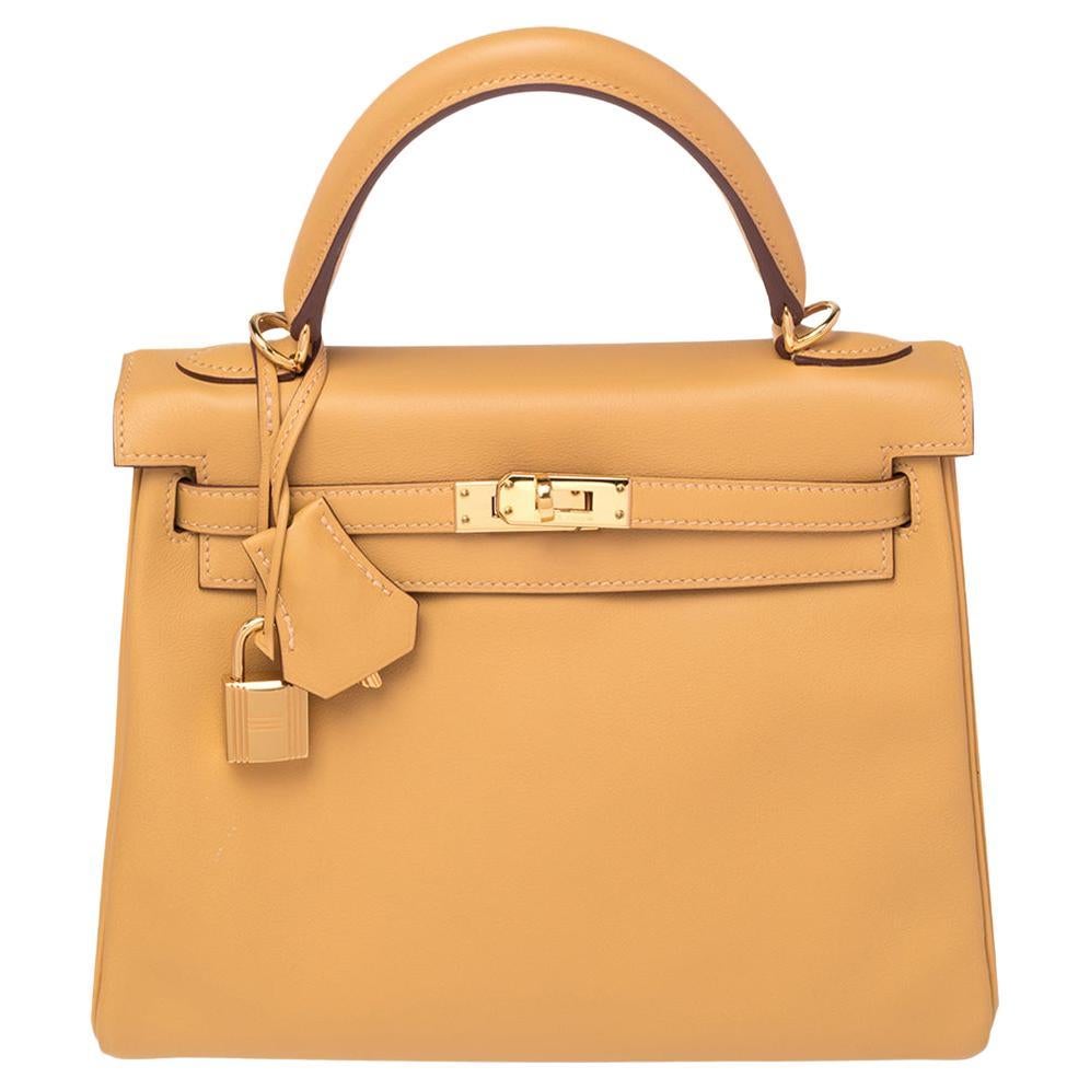 Hermes Curry Swift Leather Gold Plated Kelly Retourne 25 Bag
