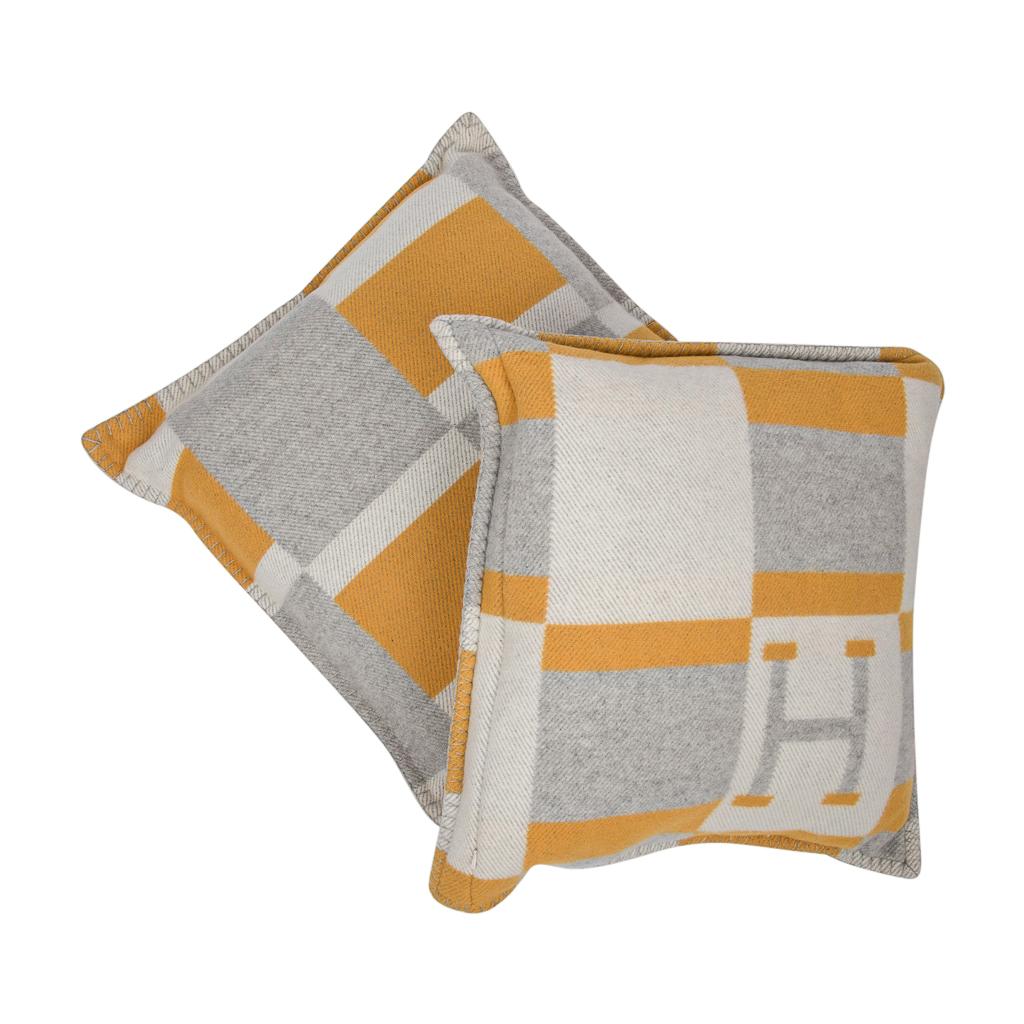 Gray Hermes Cushion Avalon Bayadere PM Throw Pillow Jaune / Gris Claire