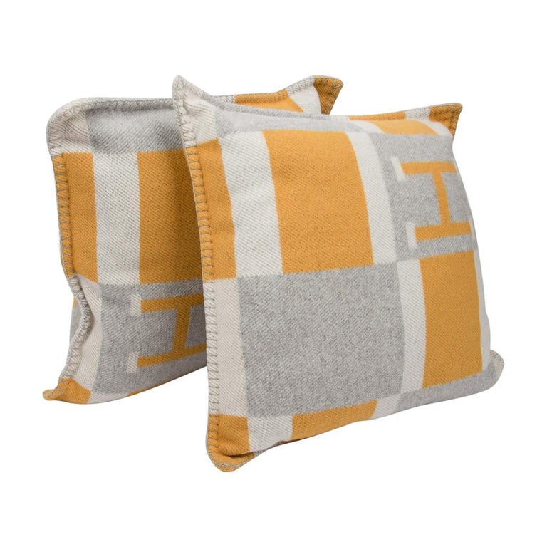 Hermes Cushion Avalon Bayadere PM Throw Pillow Jaune / Gris Claire at
