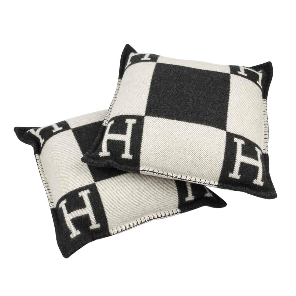 Beige Hermes Cushion Avalon I PM H Ecru and Gris Fonce Throw Pillow Set of Two
