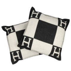 Hermes Cushion Avalon I PM H Ecru and Gris Fonce Throw Pillow Set of Two