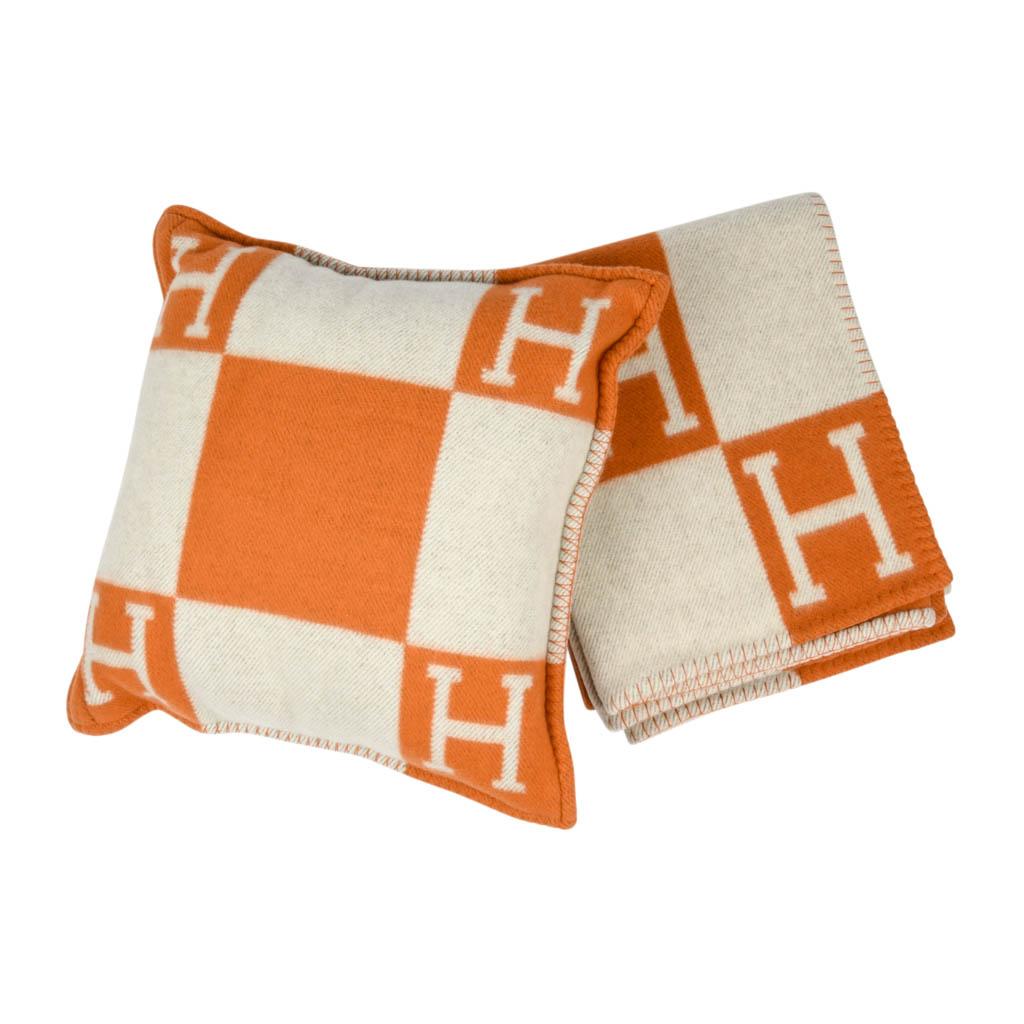 Beige Hermes Cushion Avalon I PM Signature H Orange Throw Pillow Cushion