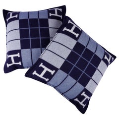 Hermes Cushion Avalon III Blue Caban / Ecru Small Model Throw Pillow Set of Two