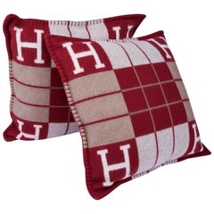 Hermes Cushion Avalon III Rouge H / Ecru Small Model Throw Pillow Set of Two