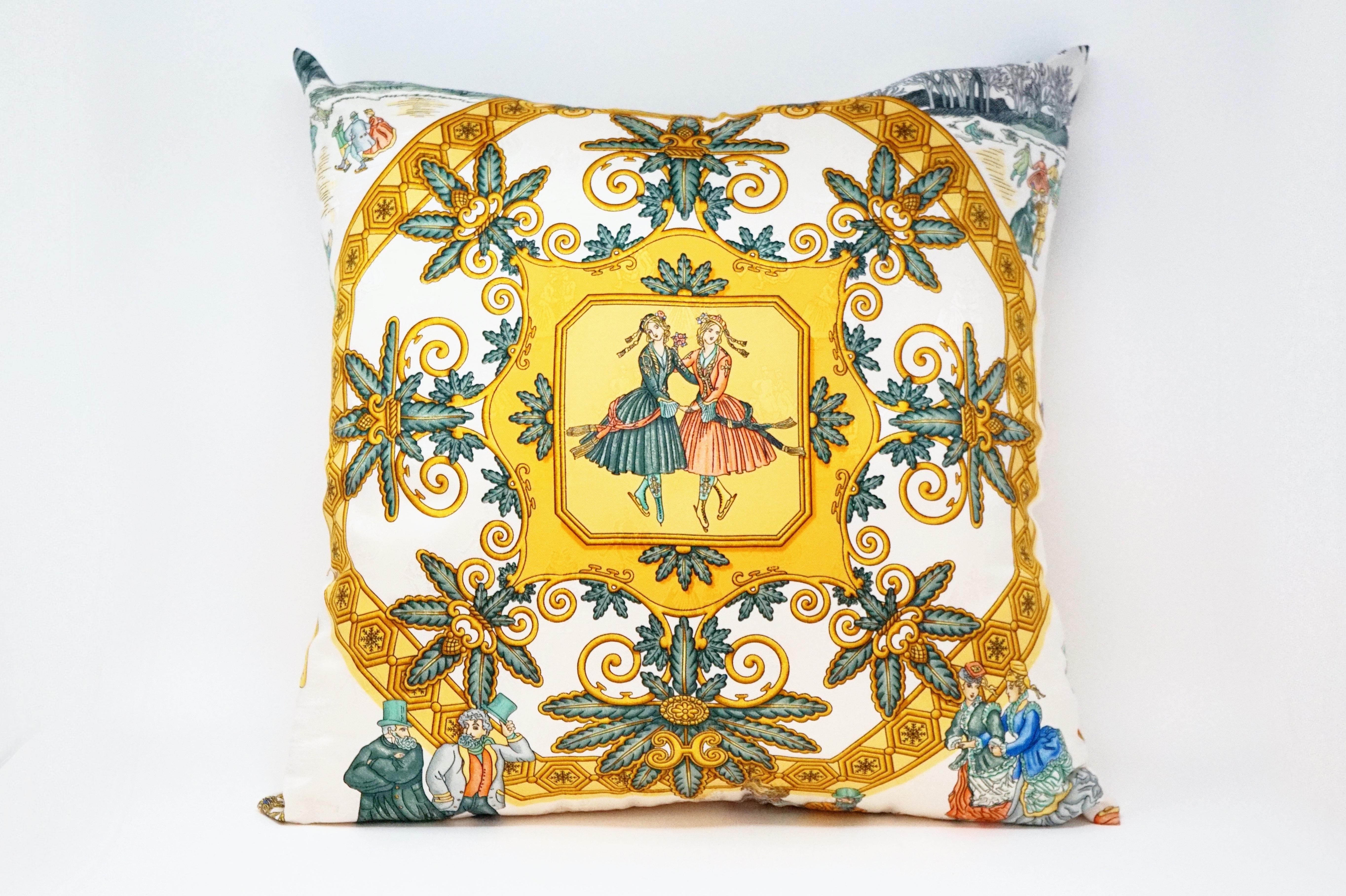 One-of-a-kind handmade custom luxury pillow created with Victorian Winter ice skating scene 
