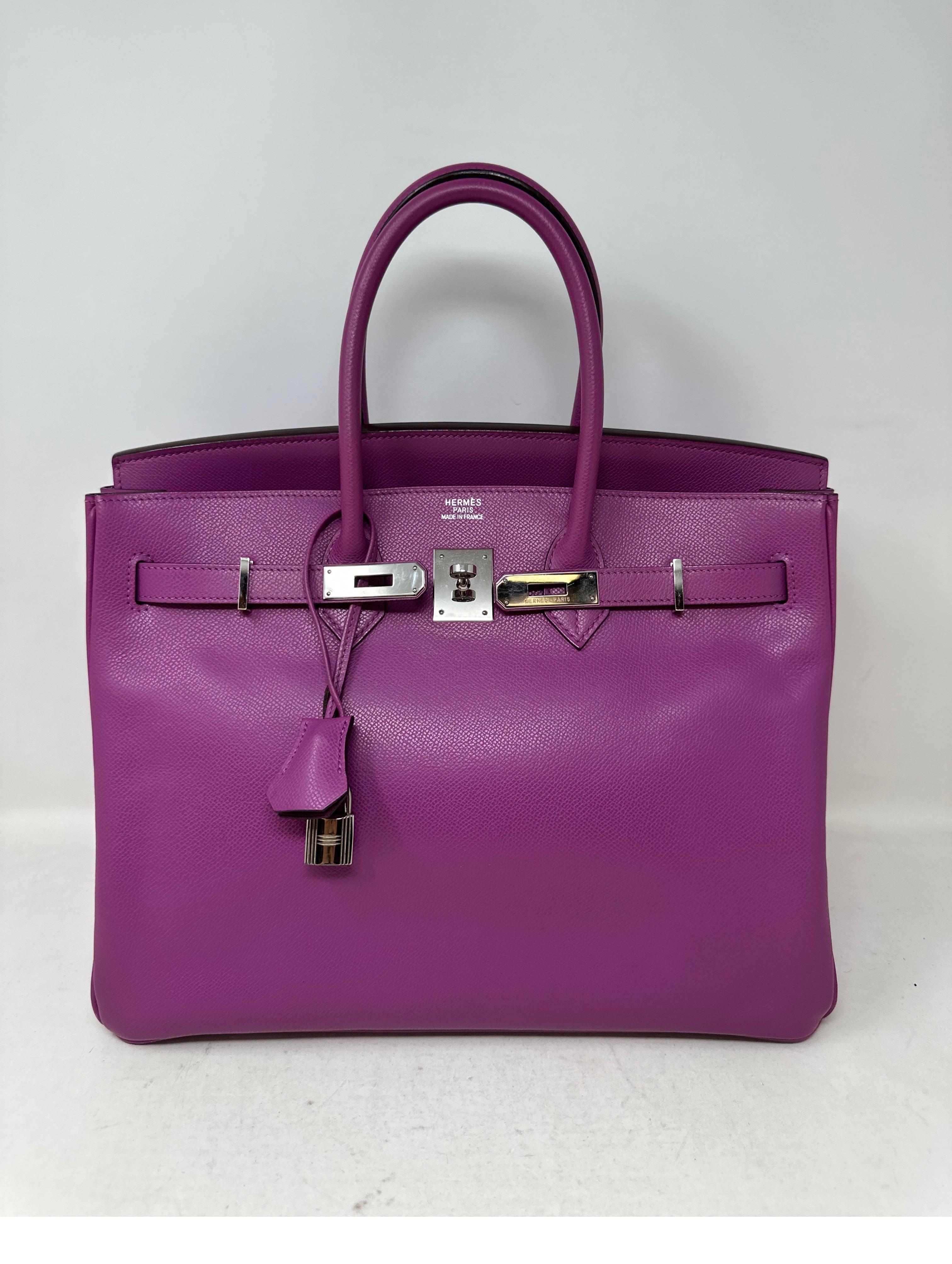 Hermes Cyclamen Birkin 35 Bag. Light purple leather Birkin bag. Palladium silver hardware. Excellent condition. Interior clean. Unique color. Hard to find. Gift worthy bag. Includes clochette, lock, keys, and dust bag. Guaranteed authentic. 