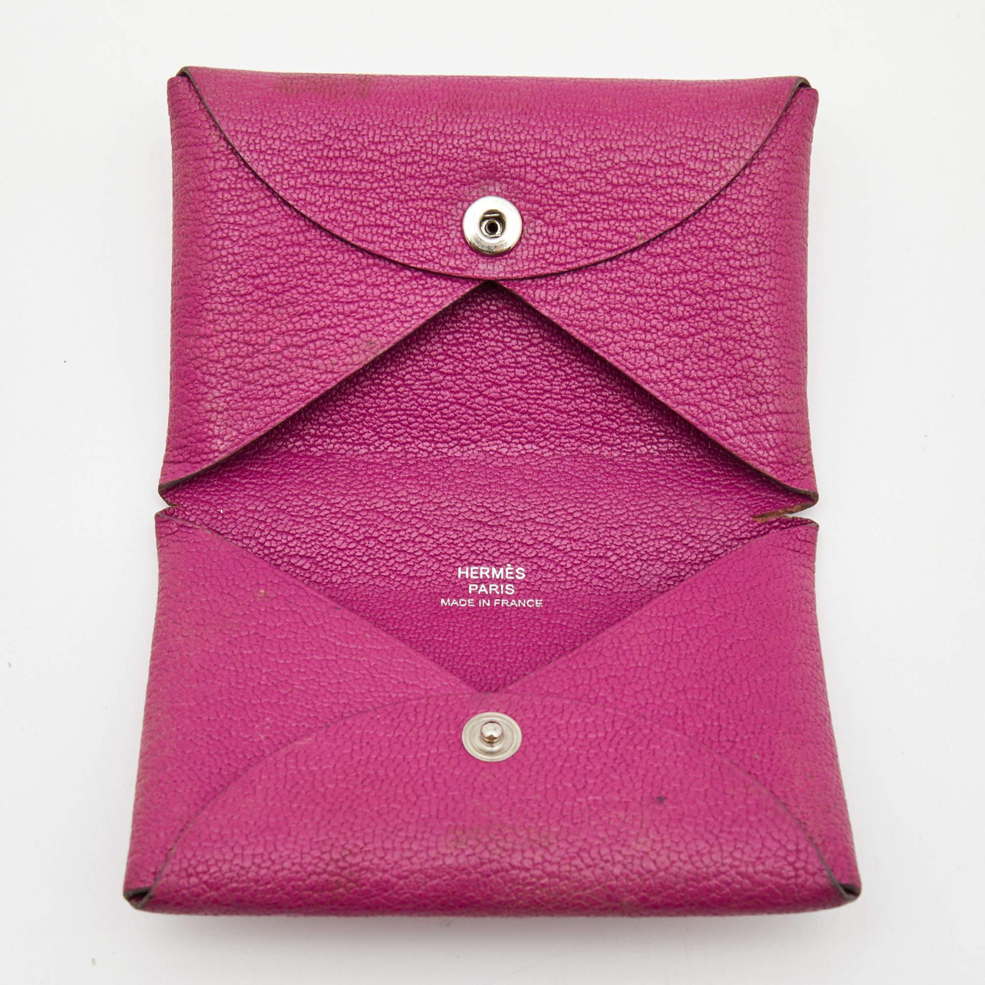 Hermes Cyclamen Chevre Mysore Leather Calvi Card Holder For Sale 5