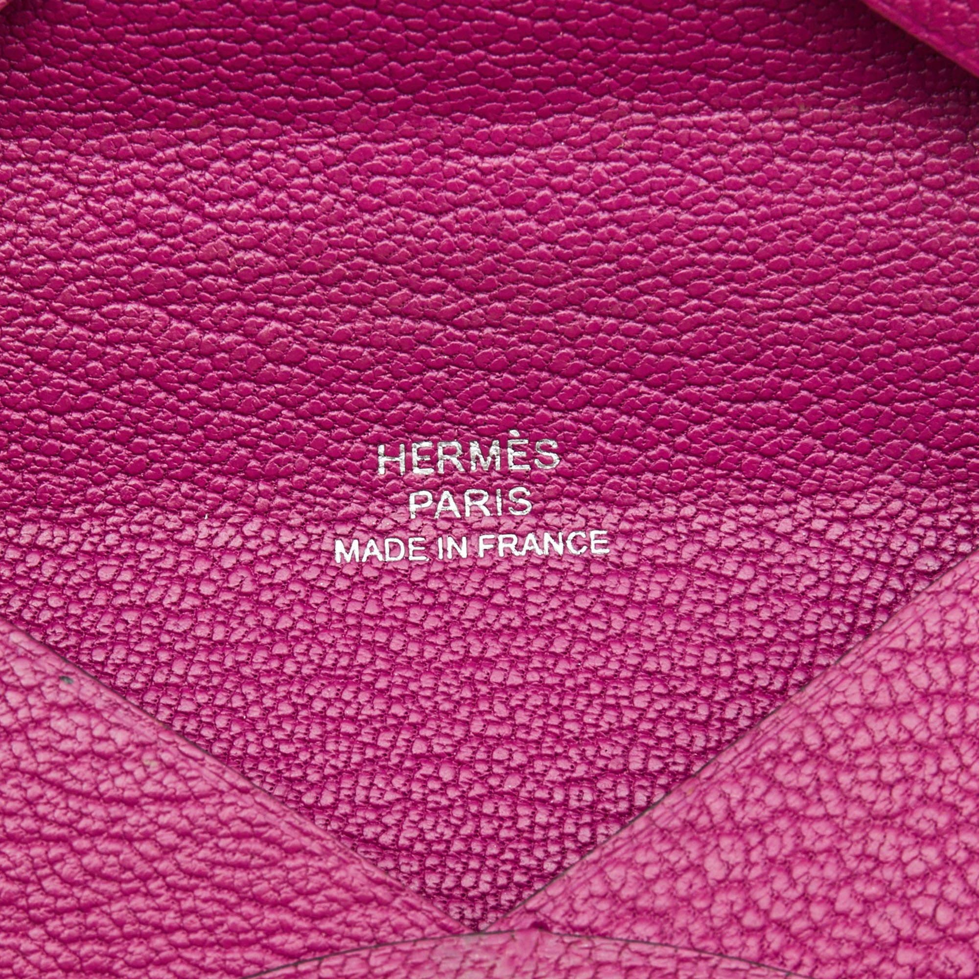 Hermes Cyclamen Chevre Mysore Leather Calvi Card Holder For Sale 3