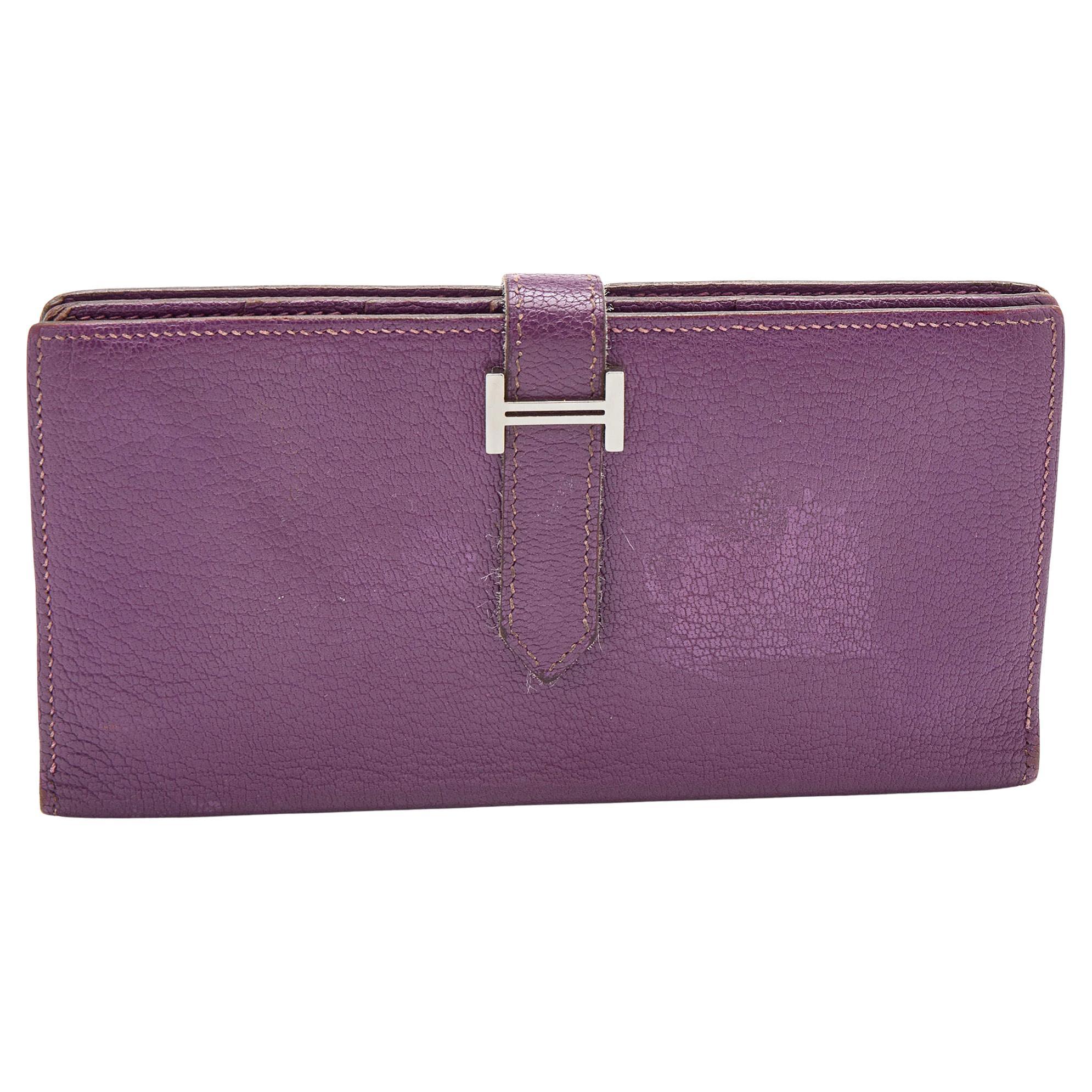 Hermès Cyclamen Chevre Mysore Cuir Palladium Finish Bearn Wallet en vente